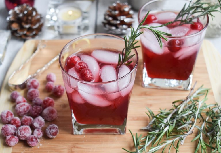 LowFODMAP Cranberry Bourbon Cocktail with Rosemary Syrup & Sugared