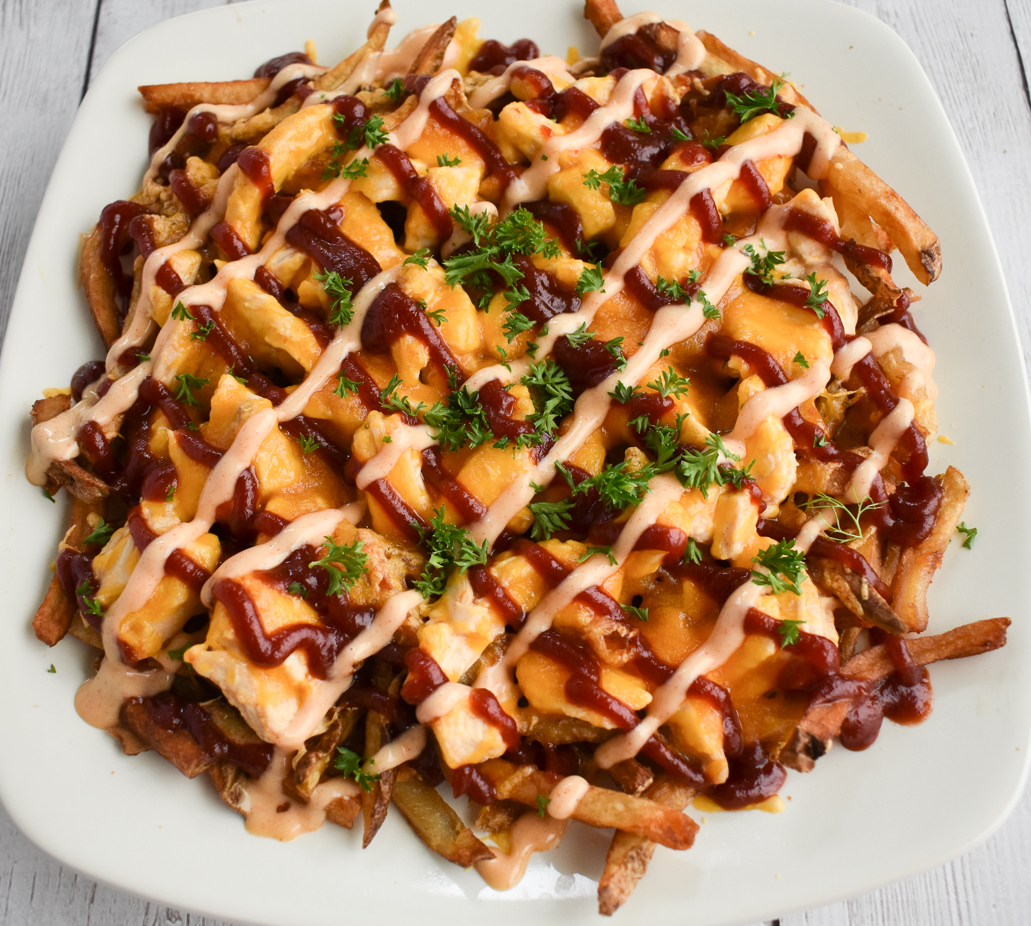 LowFODMAP Loaded Barbecue Chicken French Fries; Glutenfree Rachel