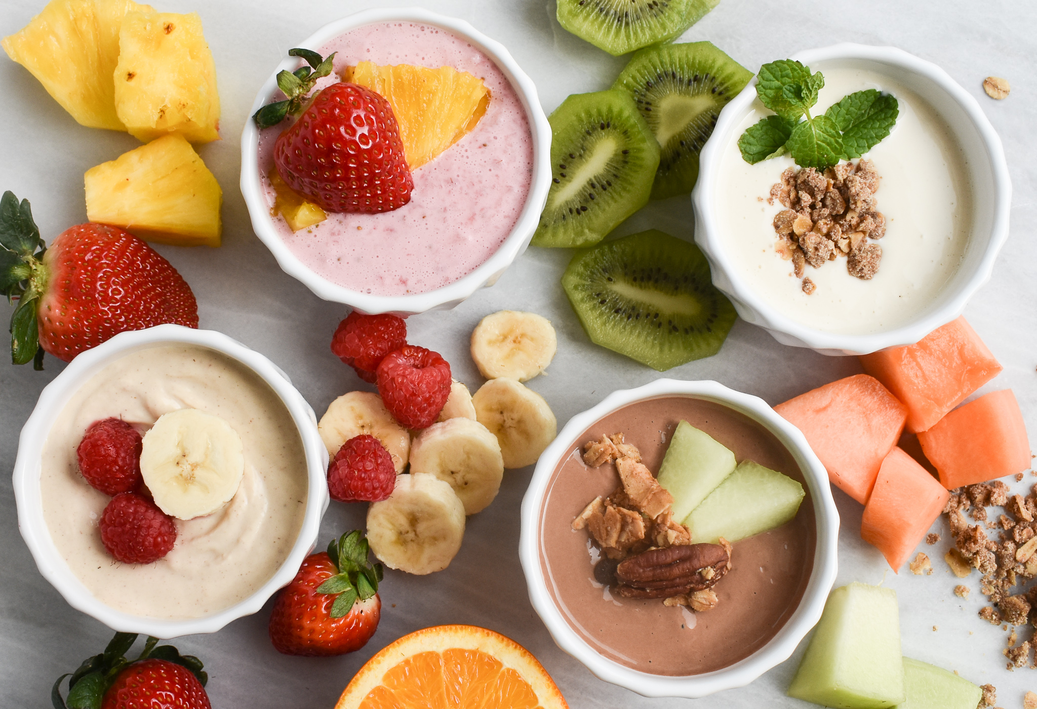 5 Minute 'Skinny' Low-FODMAP Flavored Yogurt Fruit Dips (4 ways);  Gluten-free | Rachel Pauls Food